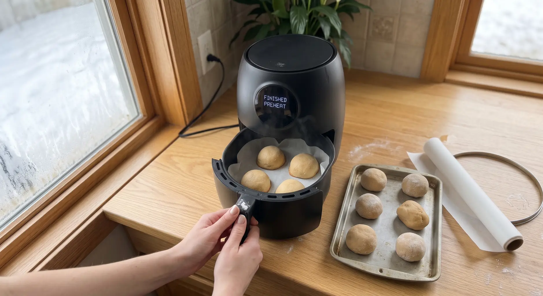 Opening an air fryer drawer to check cookies part way through the bake