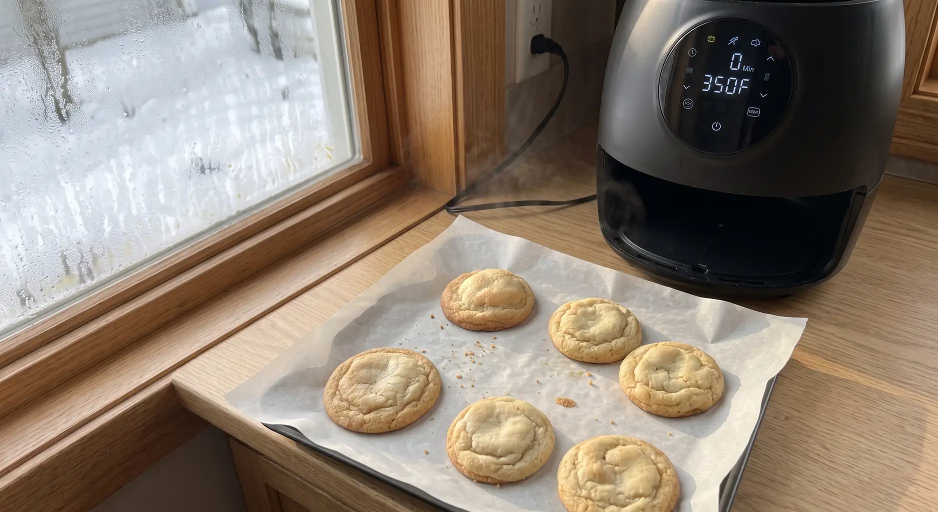 A batch of cookies baked from frozen dough on parchment beside an air fryer
