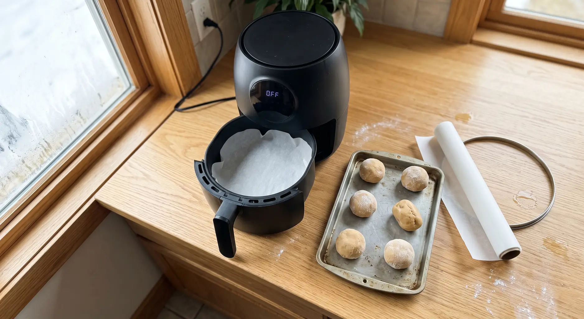 An air fryer with a parchment round beside a tray of frozen cookie dough balls