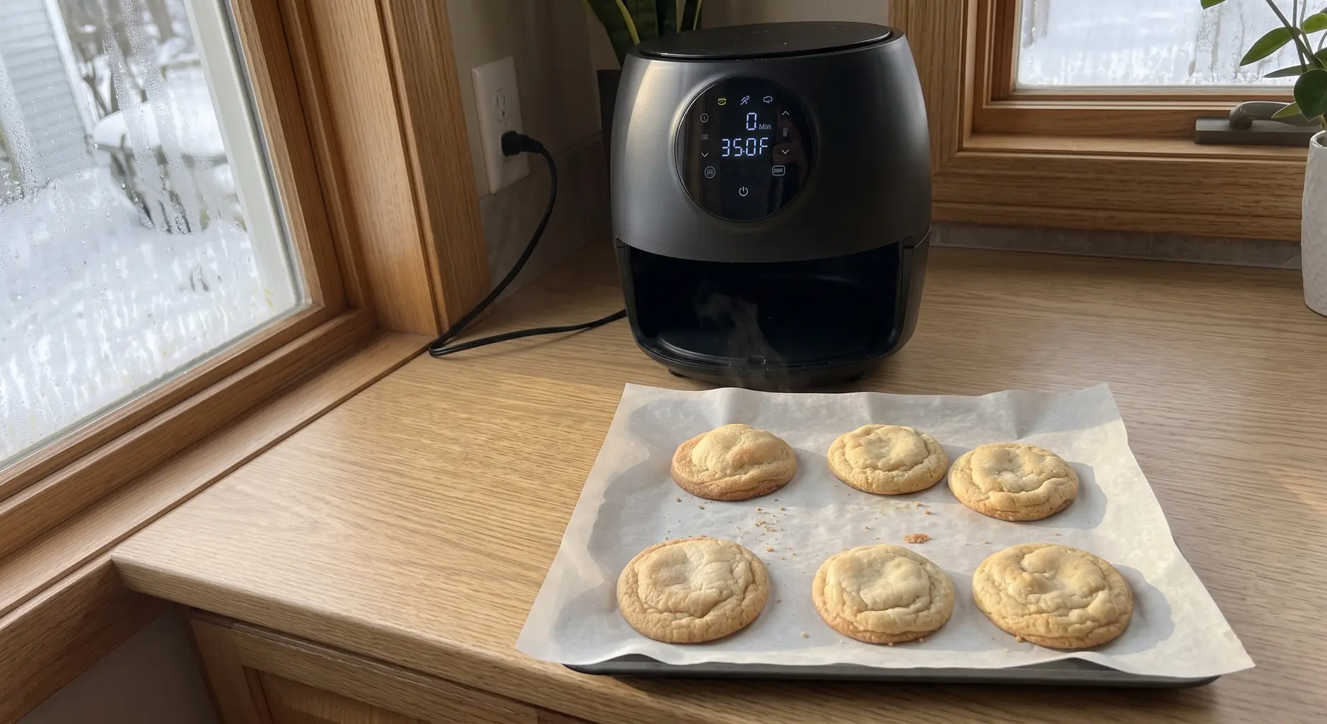 Cookies baked from frozen dough resting on parchment after coming out of the air fryer