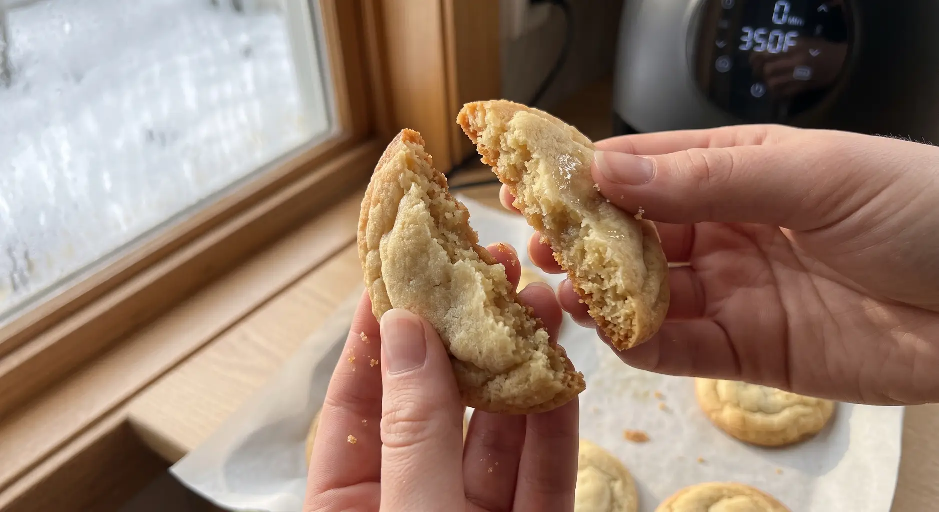 A cookie baked from frozen dough broken open to show a soft chewy center