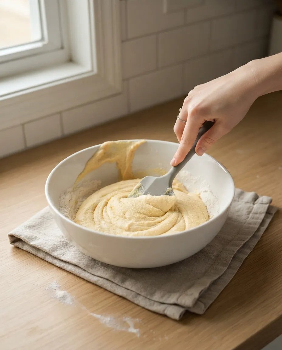 Folding thick corn muffin batter with a spatula, a few dry flour patches still visible at the edges