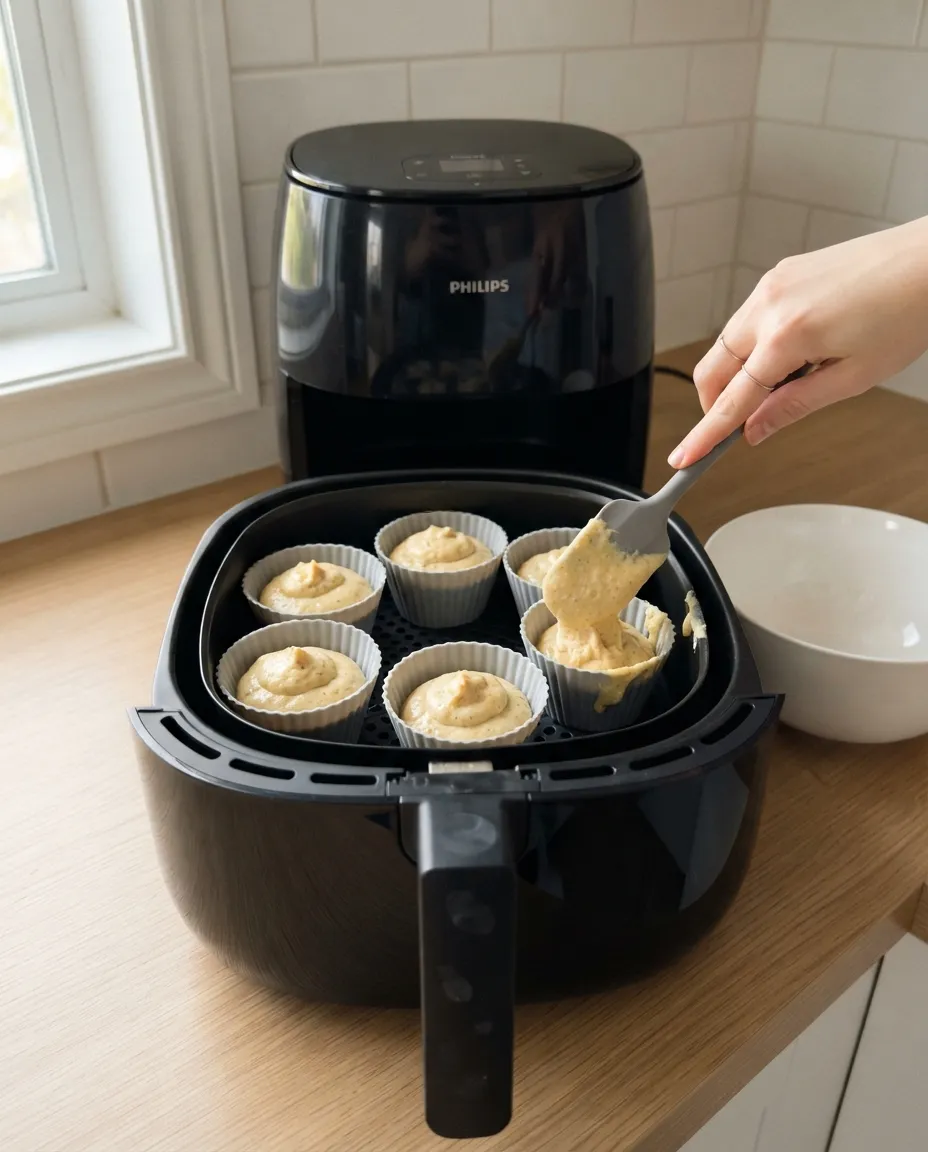 Spooning thick corn muffin batter into six silicone cups set inside an air fryer basket