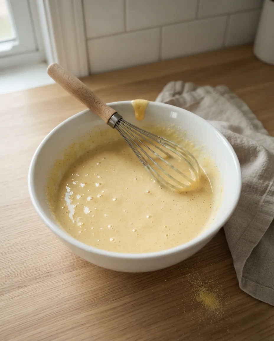 A glossy corn muffin wet mixture whisked smooth in a white bowl