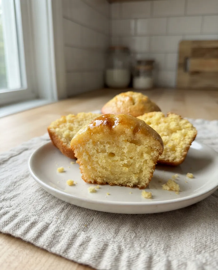 A honey-buttered corn muffin cut open on a plate showing a moist, tender, fine crumb