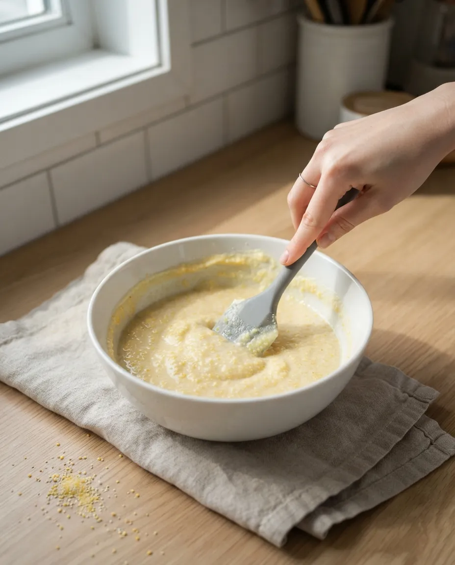 Stirring cornmeal that has soaked in buttermilk into a thick, softened porridge in a white bowl