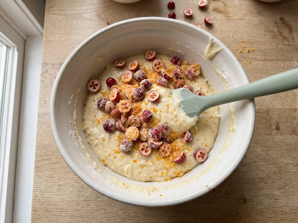 Halved cranberries folded into orange muffin batter with a few strokes