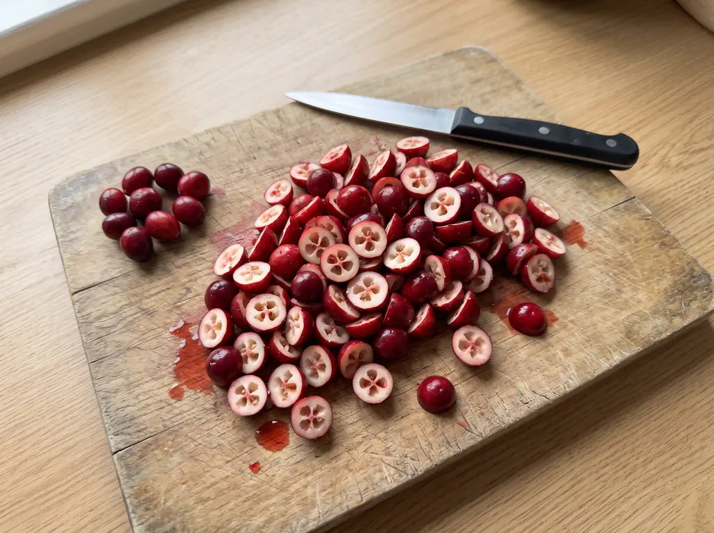 Fresh cranberries halved on a board and tossed with orange sugar and flour