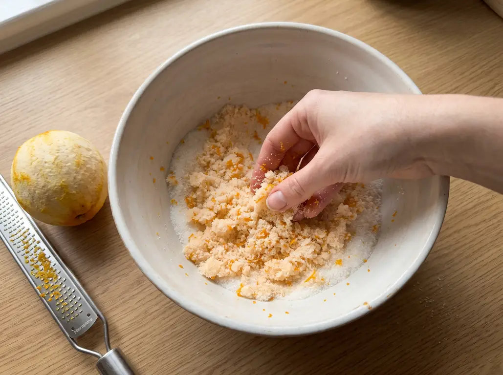 Orange zest rubbed into granulated sugar until it looks like damp orange sand
