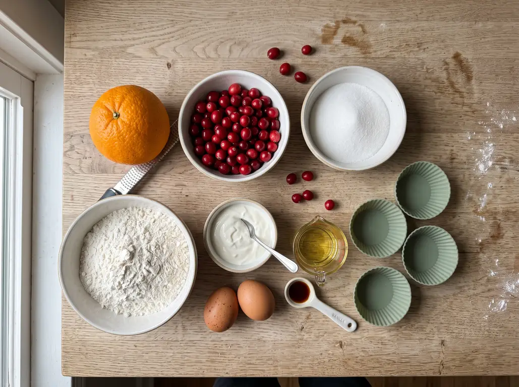 Ingredients for air fryer cranberry orange muffins: cranberries, an orange, flour, sour cream, eggs, sugar and oil