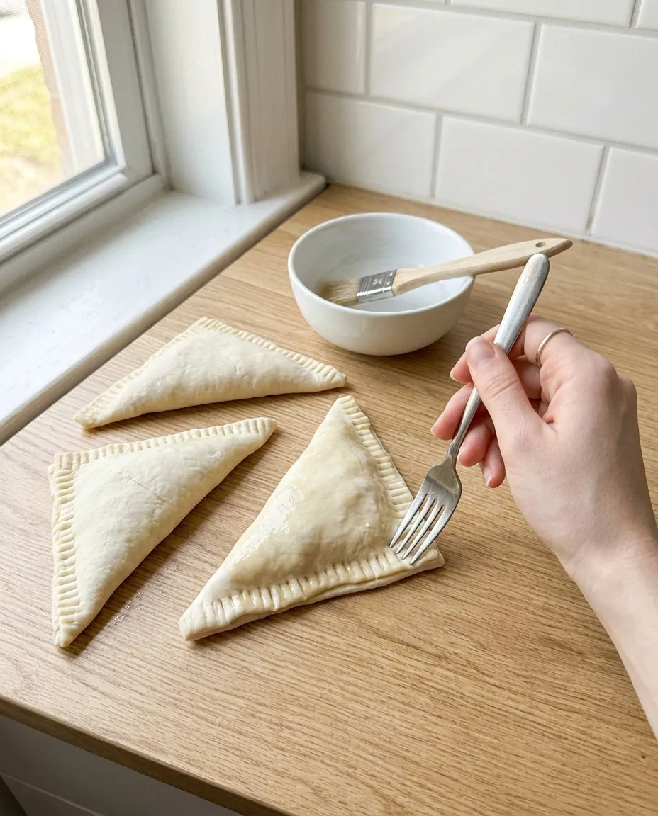 A fork crimping the sealed edge of a folded triangular apple turnover on a counter, with two already crimped turnovers alongside and a bowl of water and brush behind
