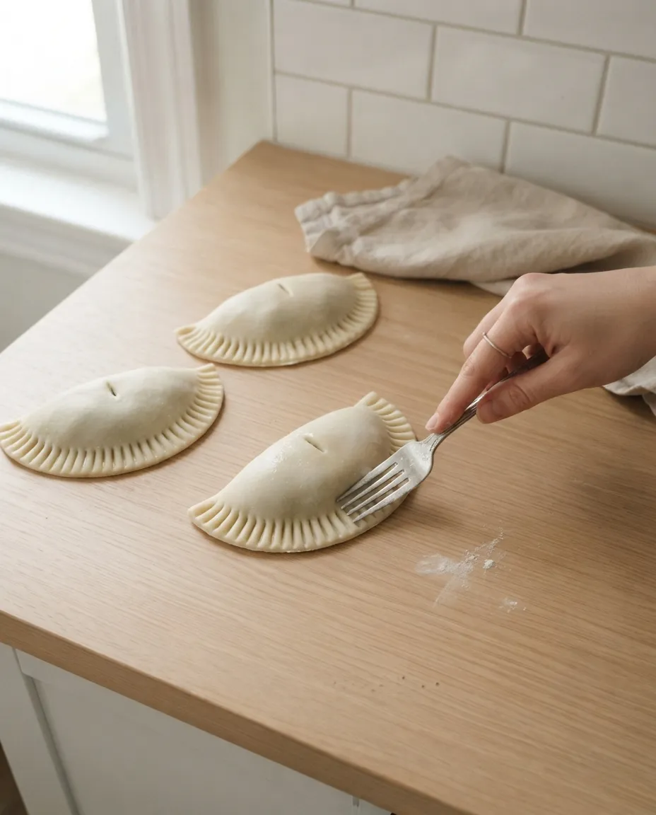 Crimping the edge of a vented empanada with a fork