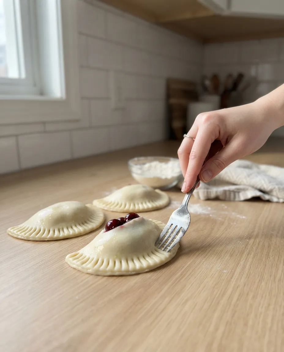 Crimping the seam of a cherry hand pie with a fork