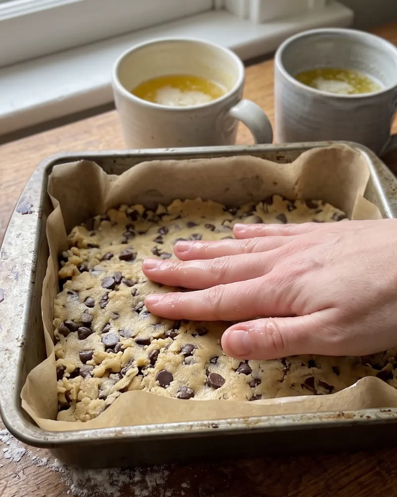 A hand pressing chocolate chip cookie dough evenly into the base of a parchment-lined square pan