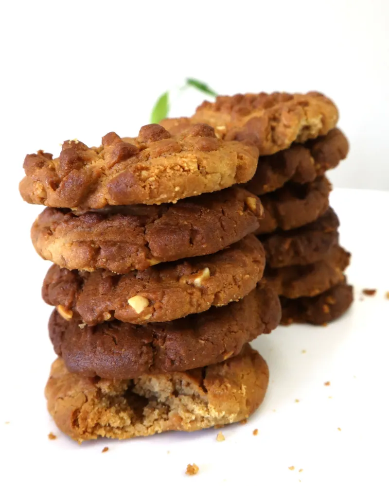 A stack of cooled peanut butter cookies, the bottom one with a bite taken showing a sandy crumb