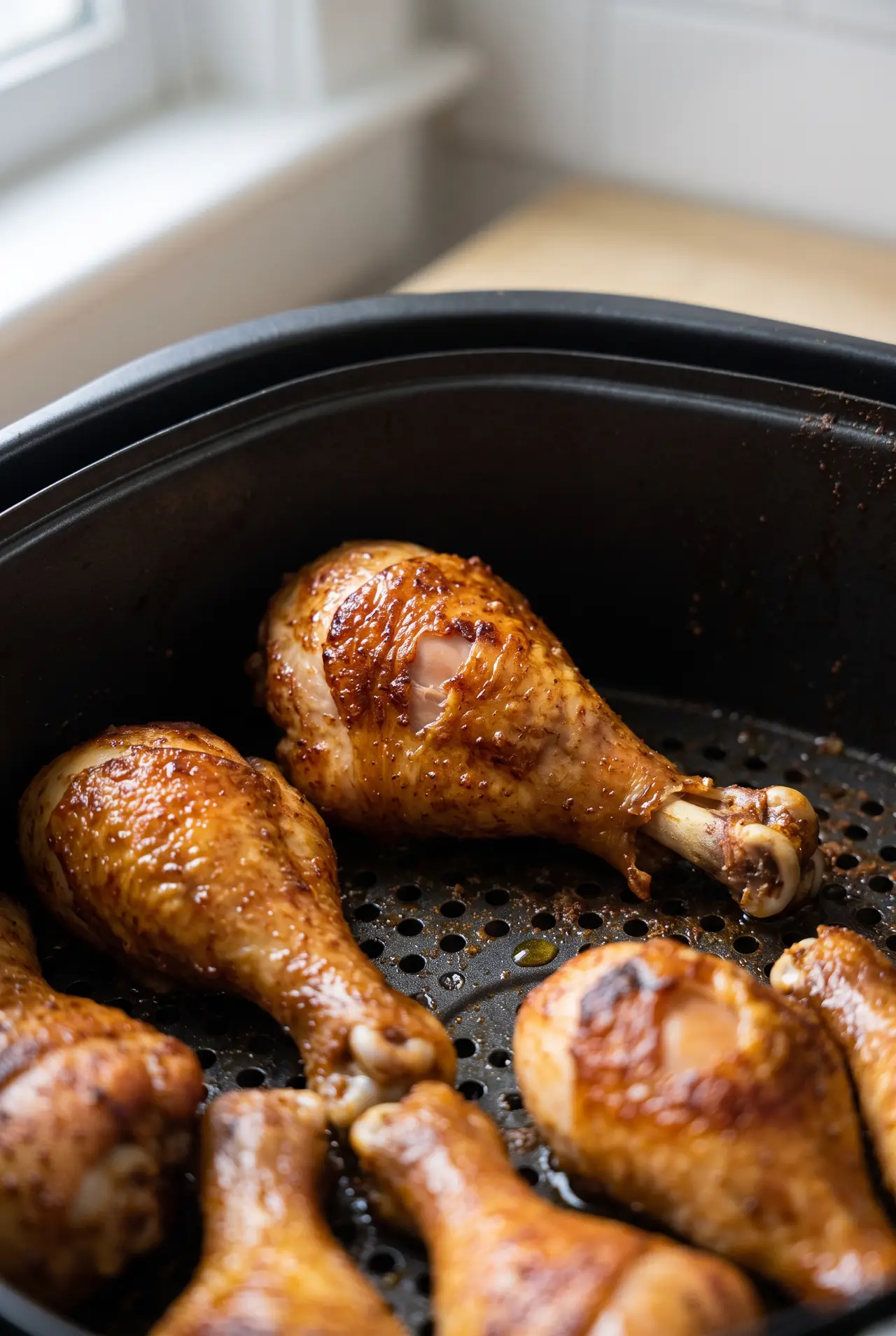Close-up of a finished air fryer drumstick with shatteringly crisp mahogany skin