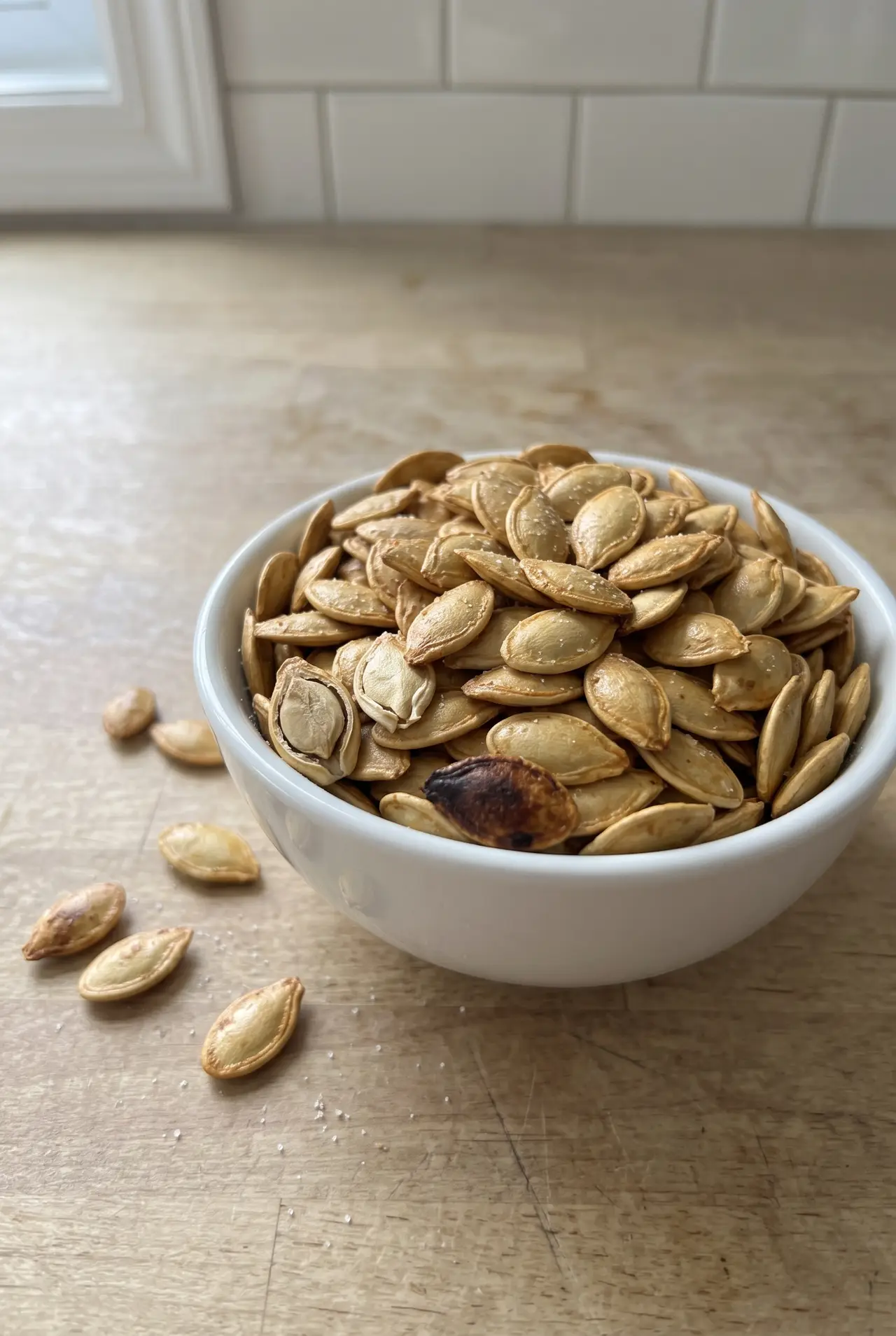 Close-up of crispy golden air fryer pumpkin seeds