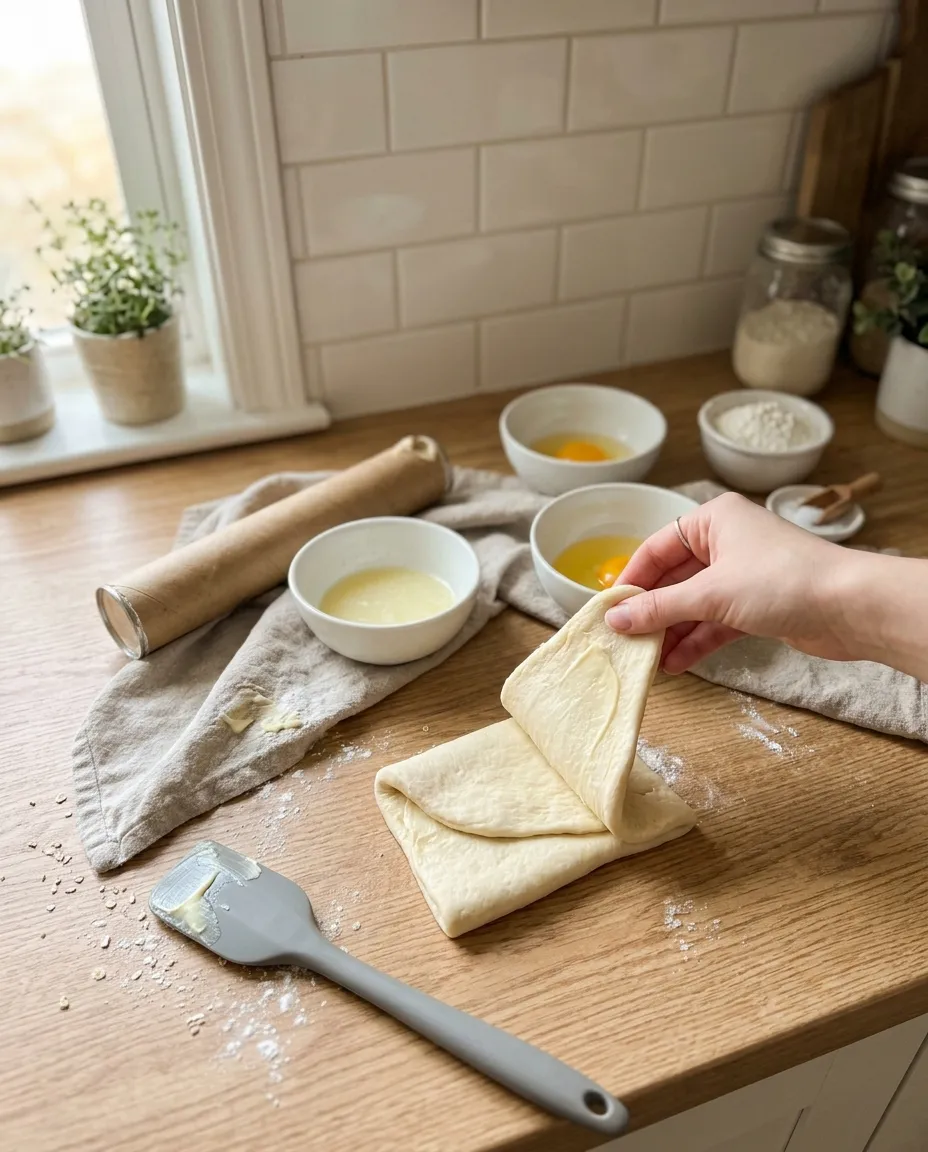 Hands folding a buttered sheet of crescent dough in thirds like a letter on a floured counter, with a butter-smeared spatula alongside