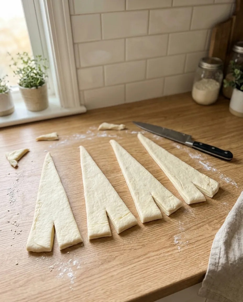 Four long dough triangles cut from the chilled folded block on a floured counter, each notched at the wide end, with a chef knife alongside