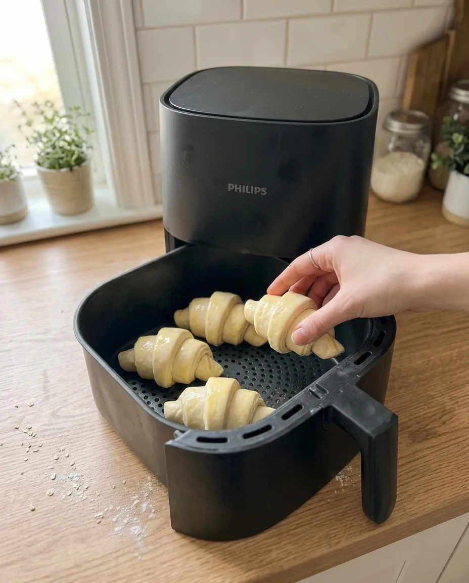 A hand placing the fourth egg-washed shaped croissant into an air fryer basket beside three others, spaced apart