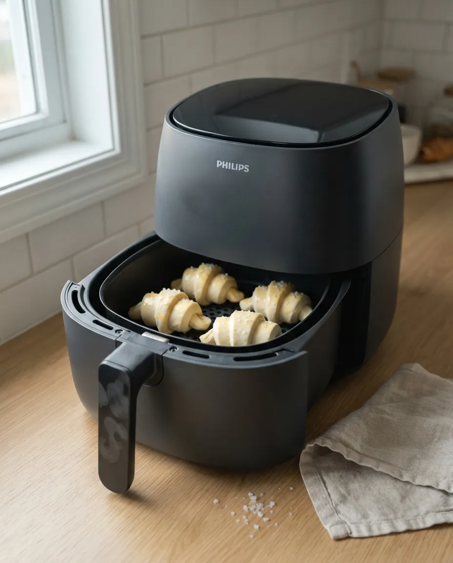 Egg-washed frozen croissants sprinkled with flaky salt going into the air fryer