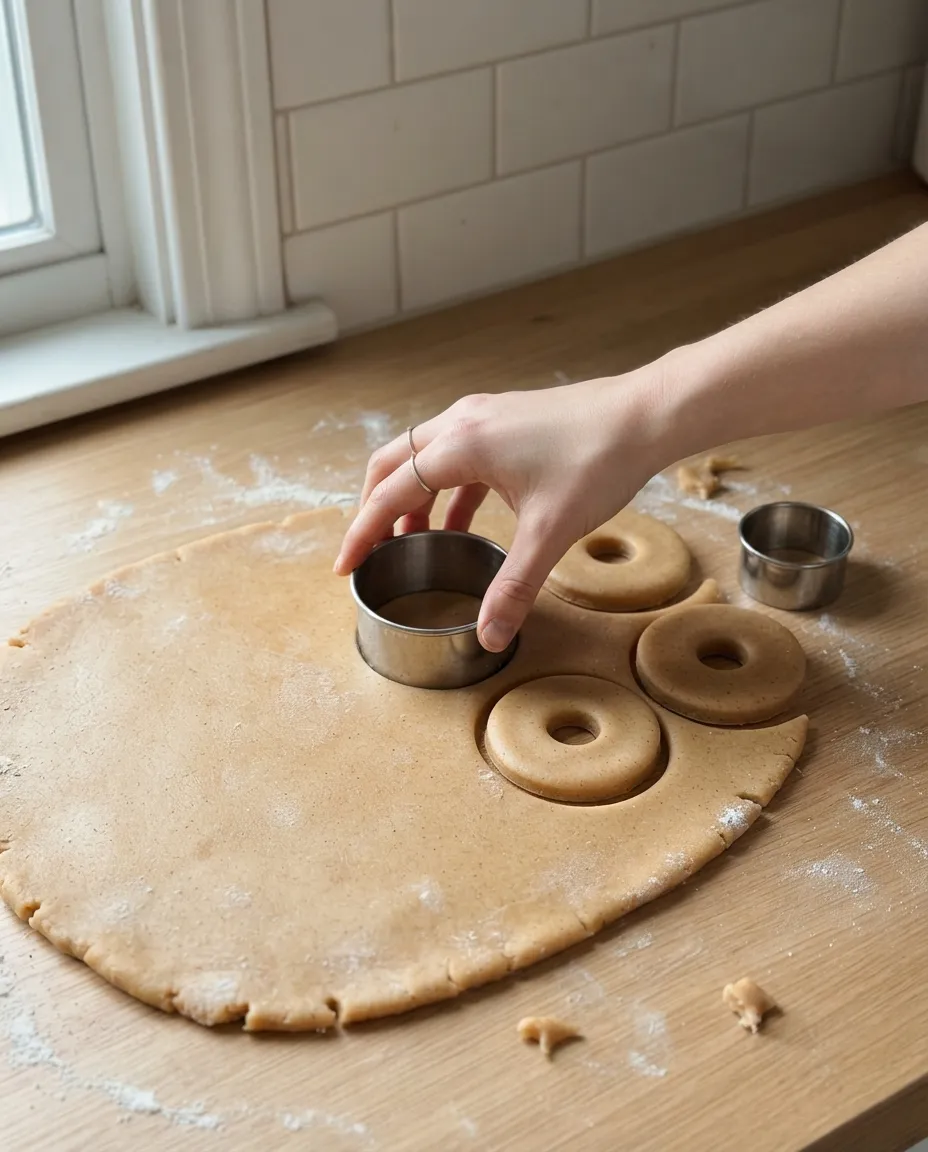Cutting apple cider donut rings from chilled rolled dough with round cutters