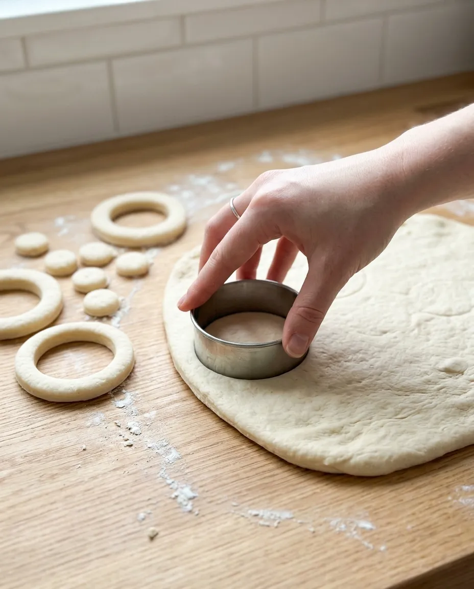 Cutting donut rings from rolled yeast dough with a round cutter, cut rings and centers on the counter