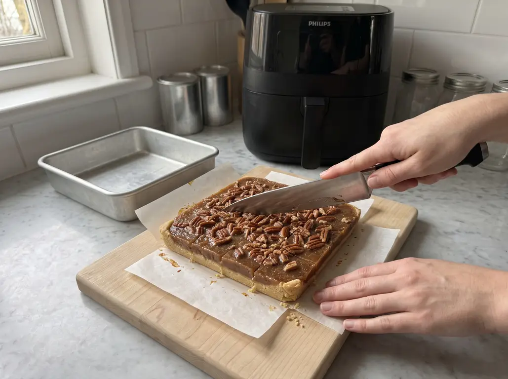 A long knife cutting a slab of air fryer pecan bars on a wooden board