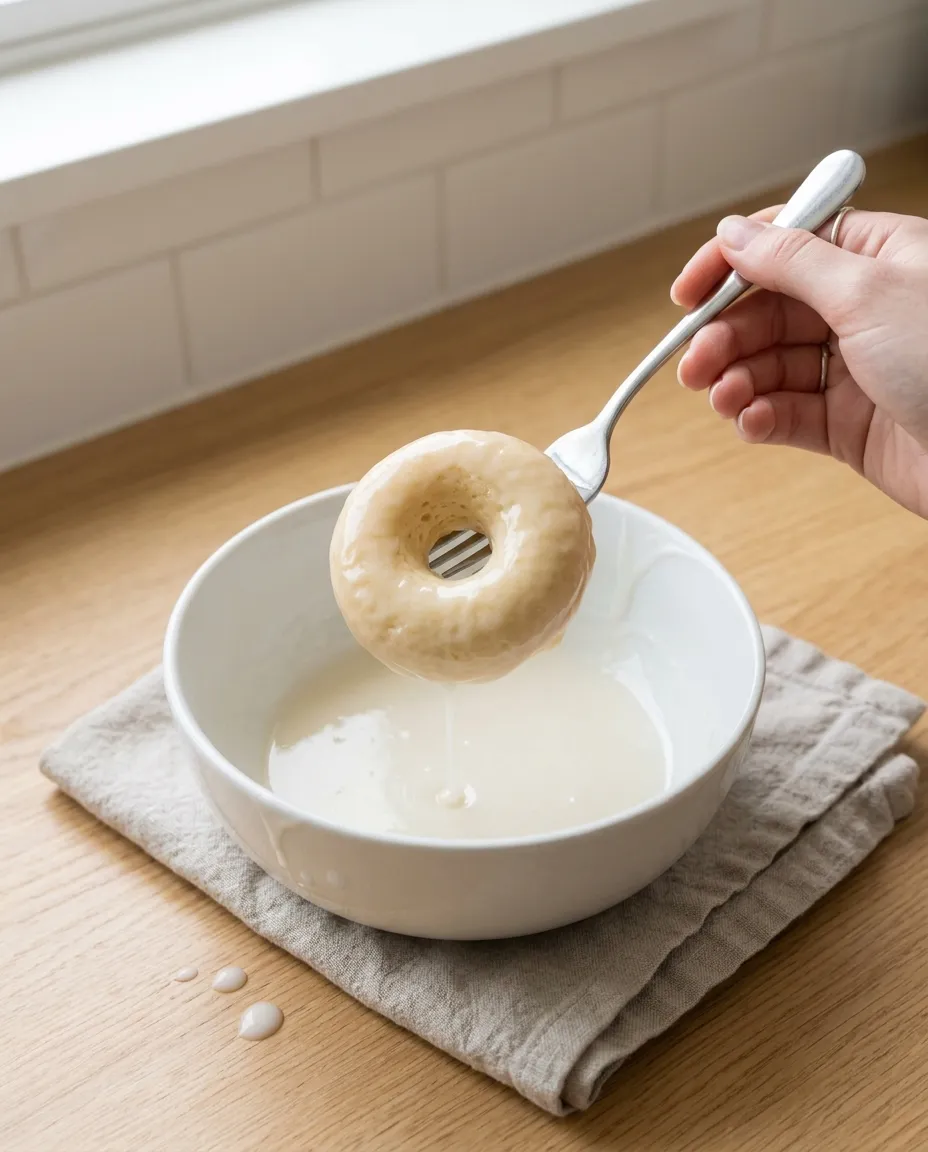 Lifting a warm donut out of a bowl of glaze on a fork