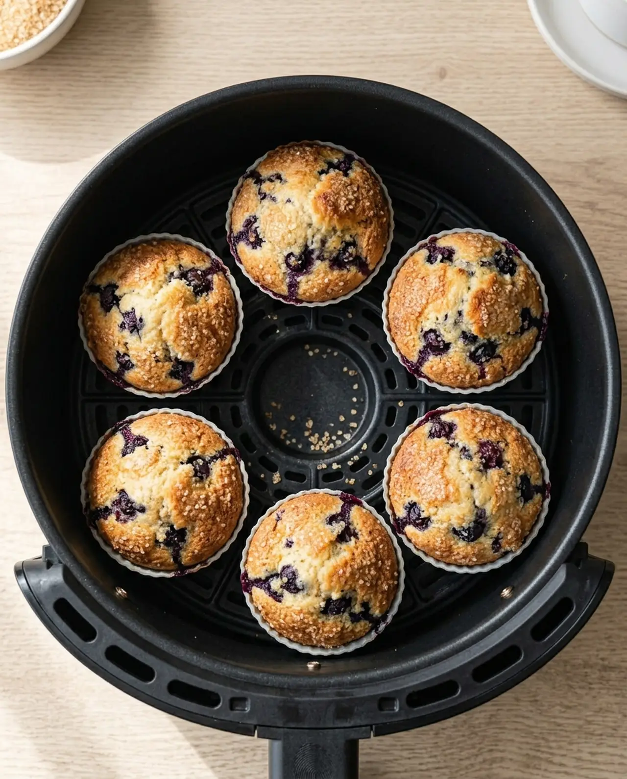 Six golden domed blueberry muffins in silicone cups arranged in an air fryer basket, tops sugared and berries bursting through