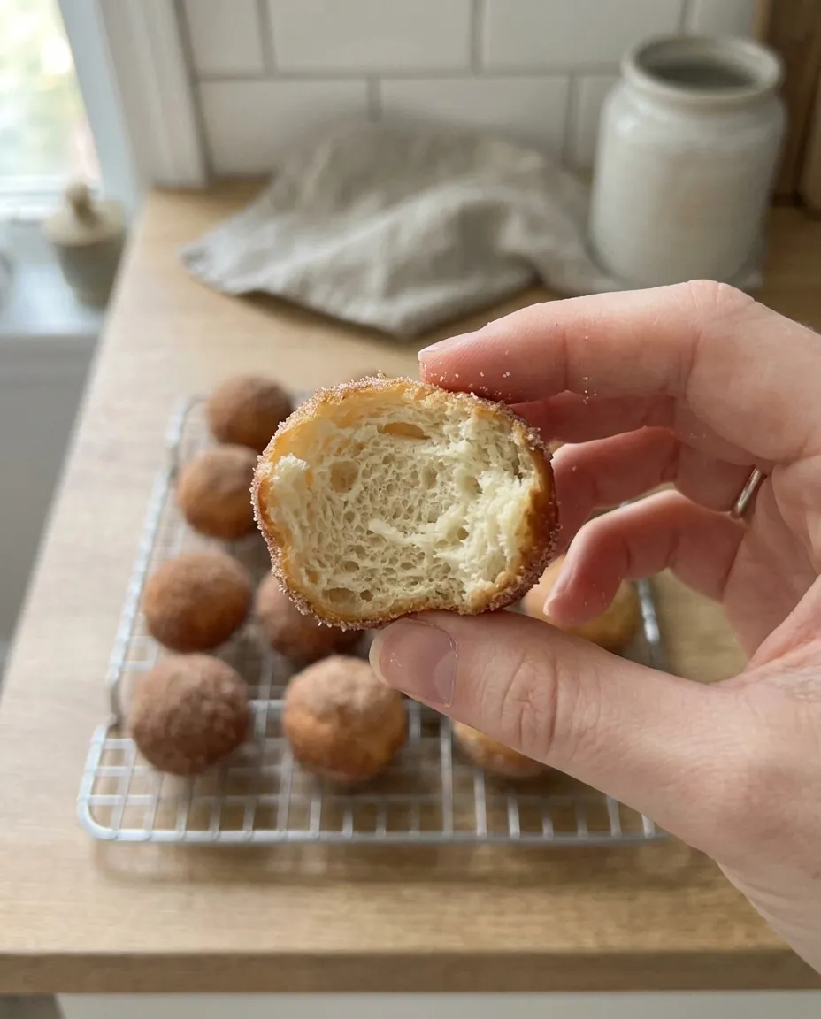 A cinnamon sugar donut hole torn open to show a soft, fully baked, bready center