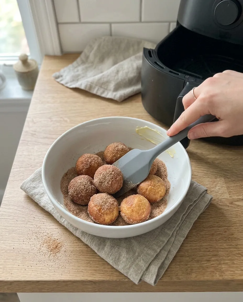 Tossing hot donut holes in cinnamon sugar in a white bowl with a spatula