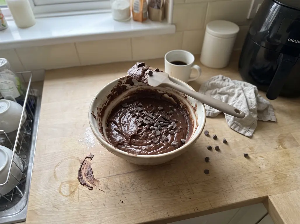Chopped chocolate and chips folded into dark cocoa muffin batter with just a few strokes