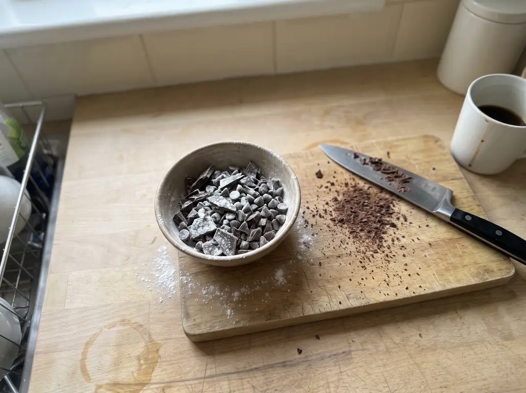 A roughly chopped dark chocolate bar beside a pile of chocolate chips, the two-chocolate mix for the muffins