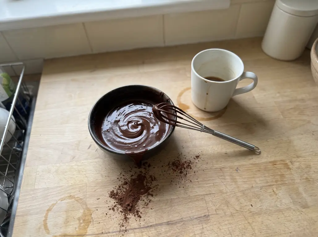 Cocoa powder whisked into hot coffee to a glossy paste, blooming the flavor before it goes into the batter
