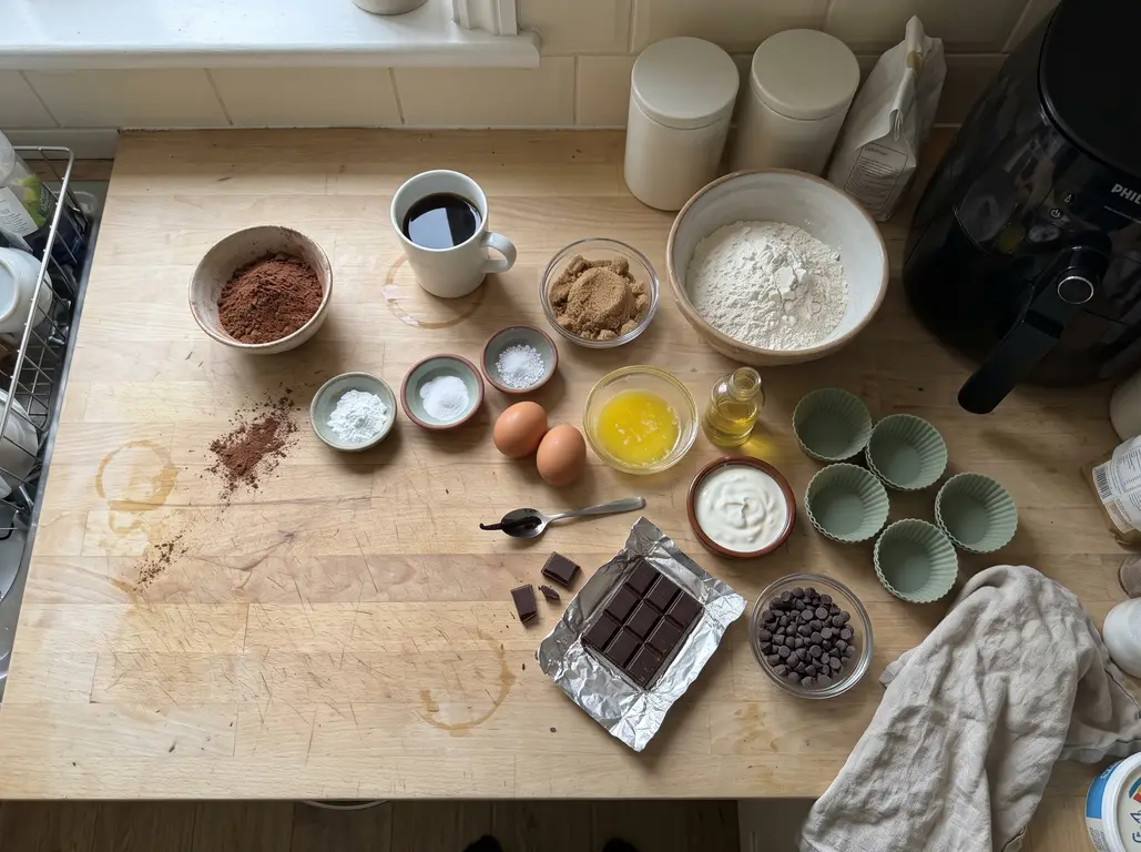 Ingredients for air fryer double chocolate muffins: cocoa, coffee, dark chocolate bar, chips, flour, eggs, sour cream and brown sugar