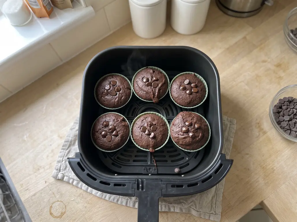 Air fryer double chocolate muffins fresh from the basket with tall domed tops and glossy melted chocolate studs