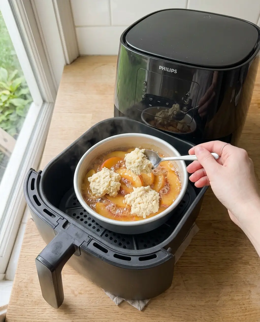 A spoon dropping mounds of biscuit dough onto bubbling, steaming peach filling in a dish inside an air fryer basket