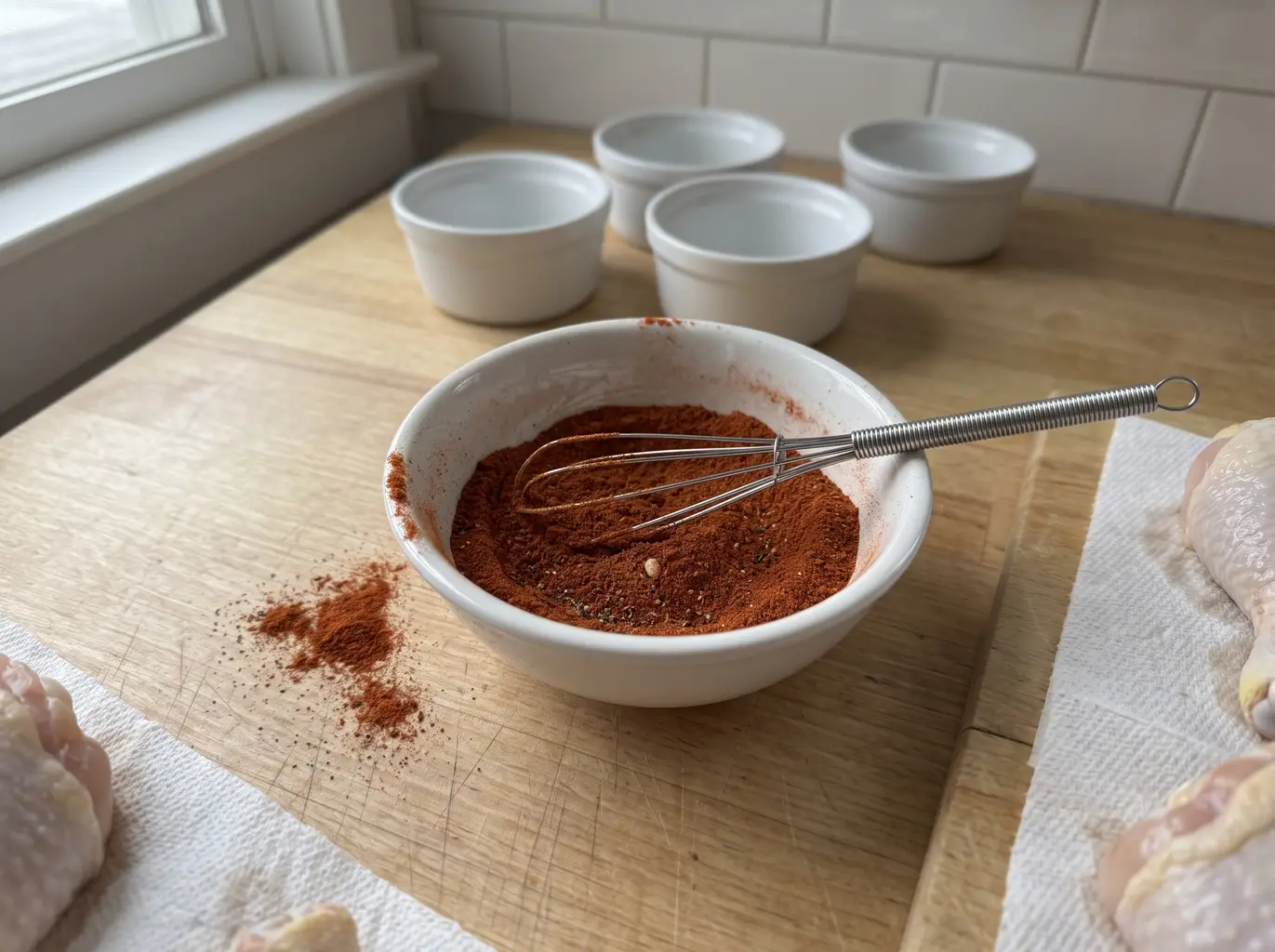 Smoked paprika spice rub with baking powder tossed onto chicken drumsticks in a bowl