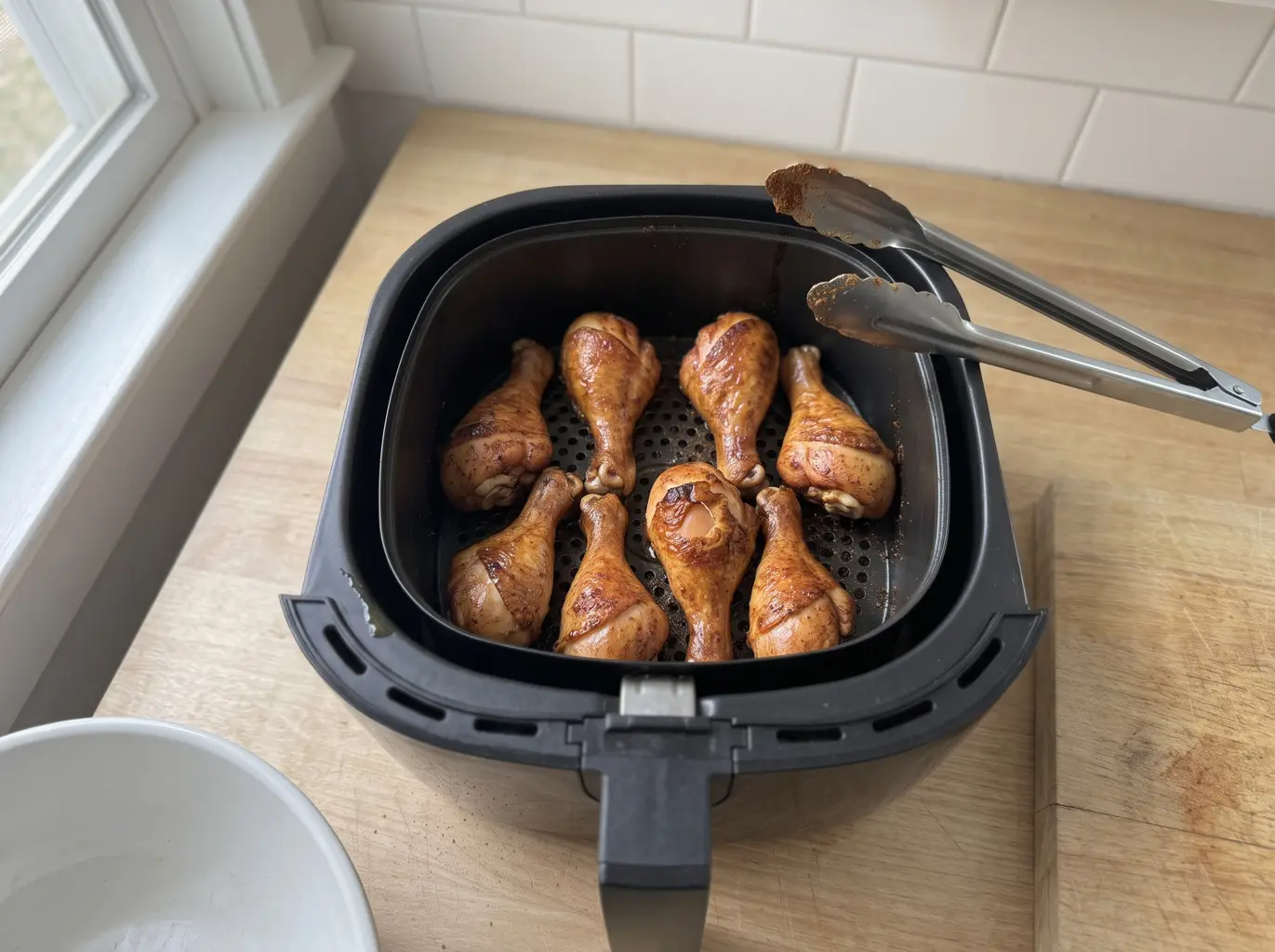 Tongs flipping chicken drumsticks in the air fryer basket at the halfway point