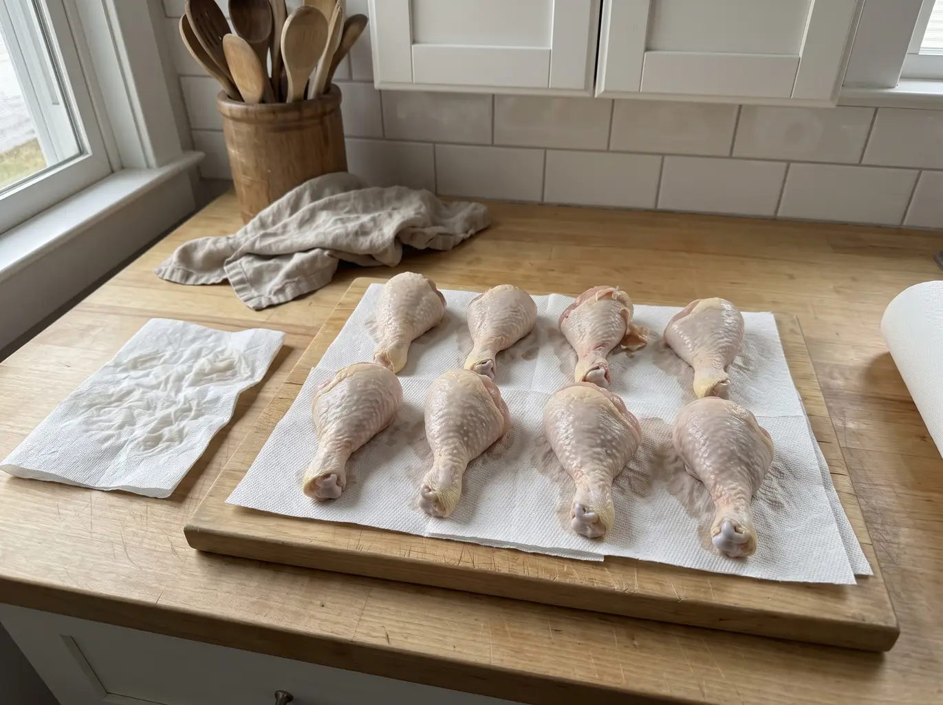 Patting raw chicken drumsticks dry with paper towels