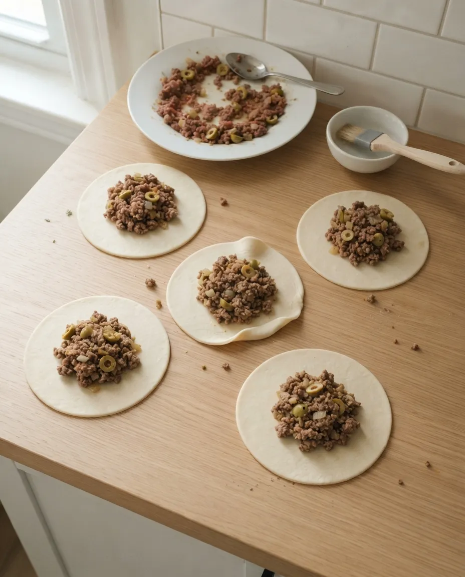 Cooled picadillo spooned into the center of five empanada discos, with a pastry brush and a bowl of water
