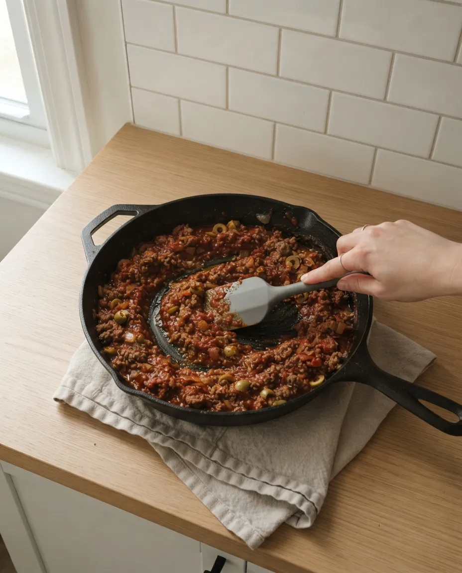 Thick beef picadillo with olives in a cast iron skillet, a spatula trail holding its shape