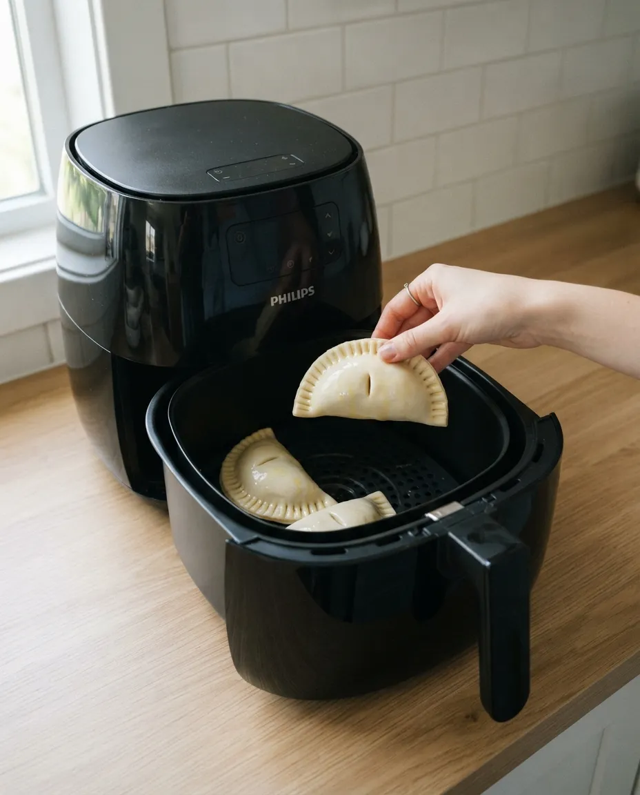 Placing oil-brushed empanadas into the air fryer basket