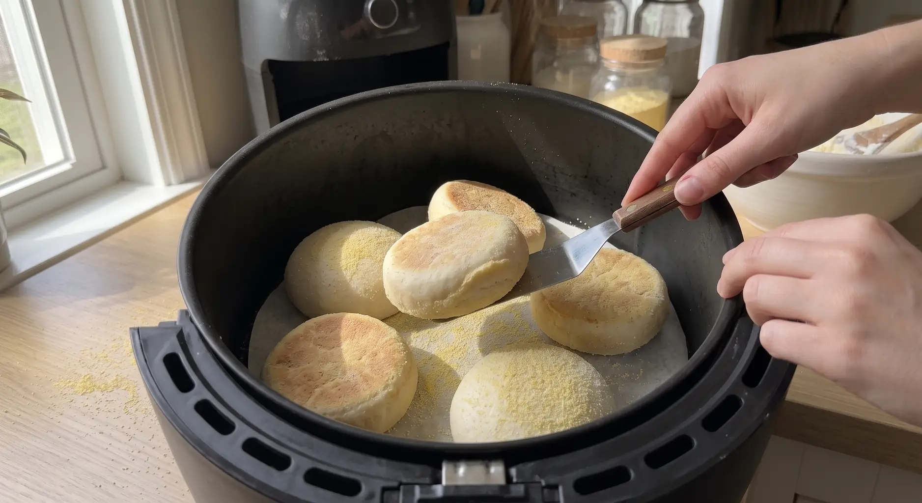 An English muffin being turned over with a spatula in an air fryer basket at the halfway mark