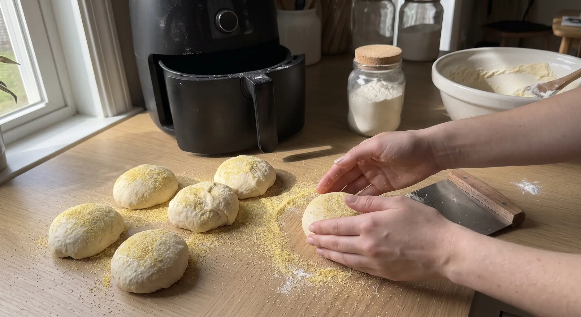 Sticky English muffin dough being shaped into a rough puck with floured fingertips