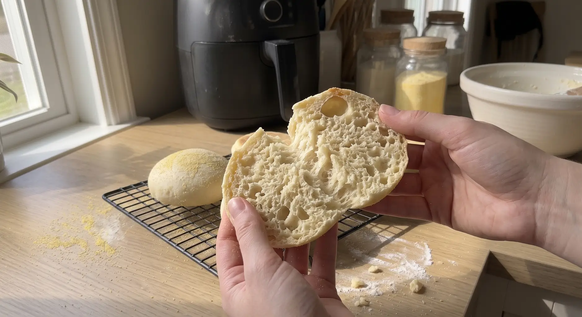 A fork-split air fryer English muffin showing the open nooks and crannies crumb inside
