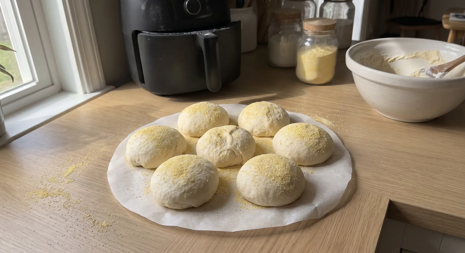 Cornmeal coated English muffin dough pucks resting on parchment before cooking