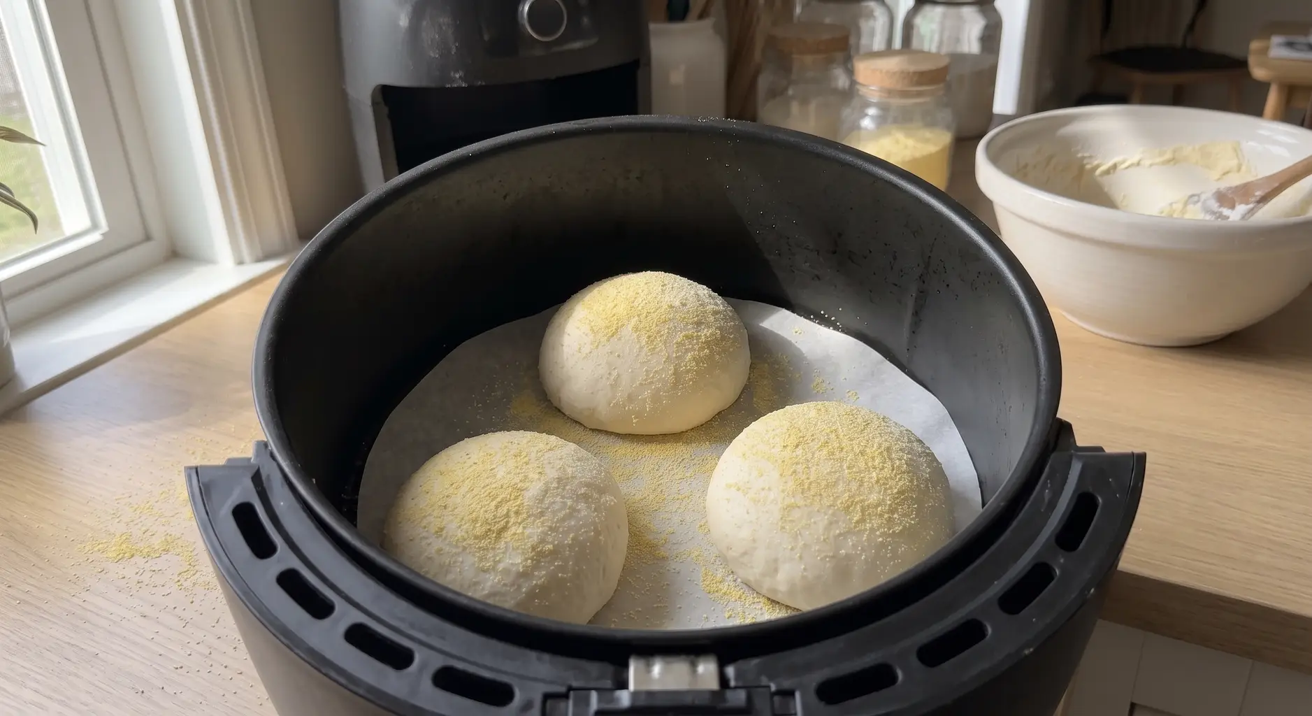 English muffins cooking on parchment in an air fryer basket