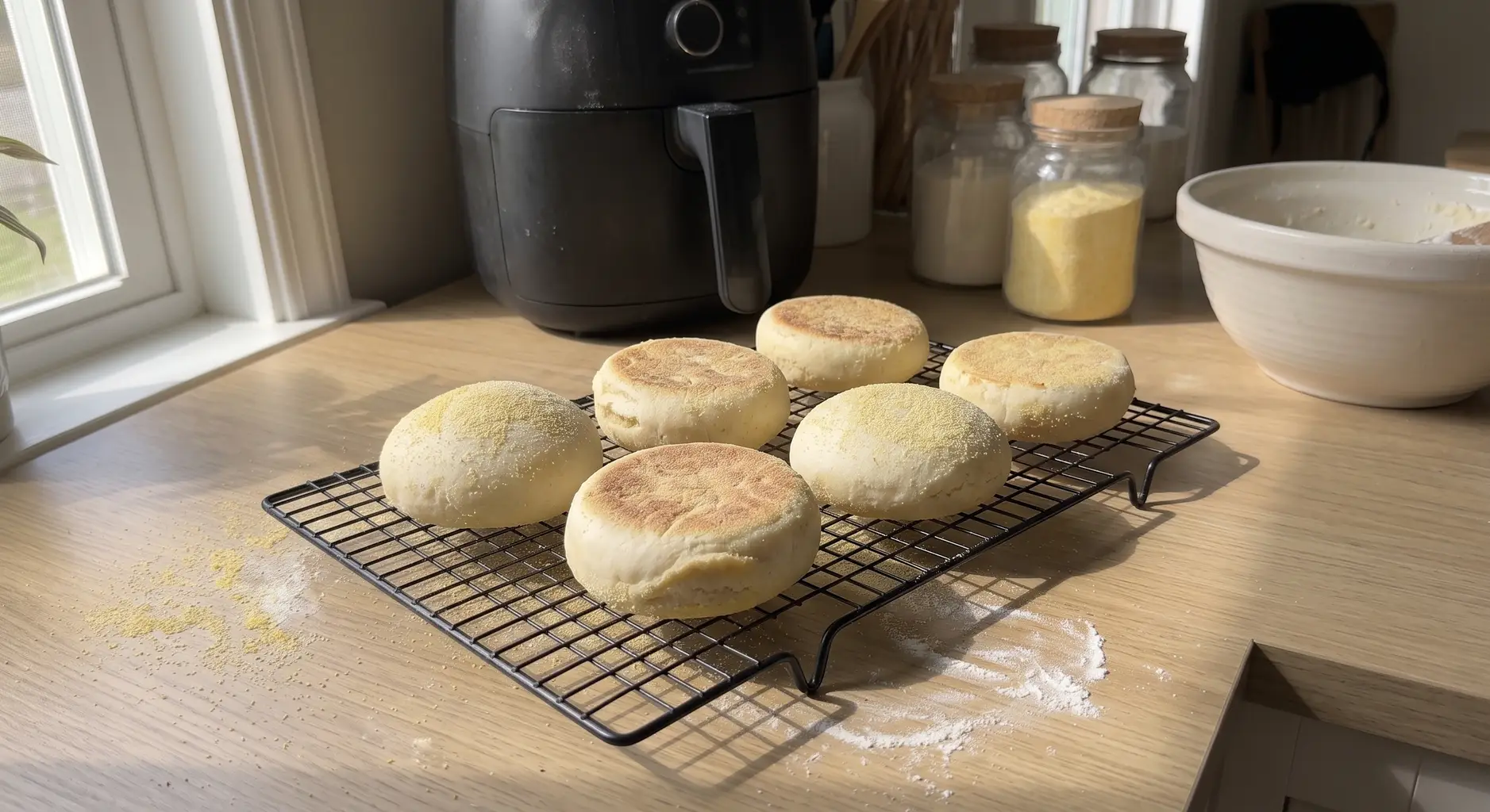 Baked English muffins cooling on a wire rack with pale gold faces and soft white sides